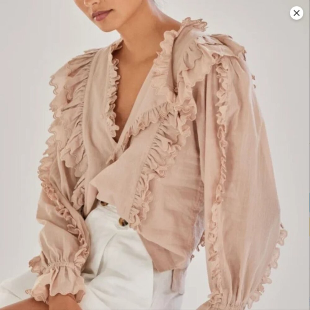 Anthropologie Magali Pascal Rosaline Ruffled Blouse, Pink - Size L